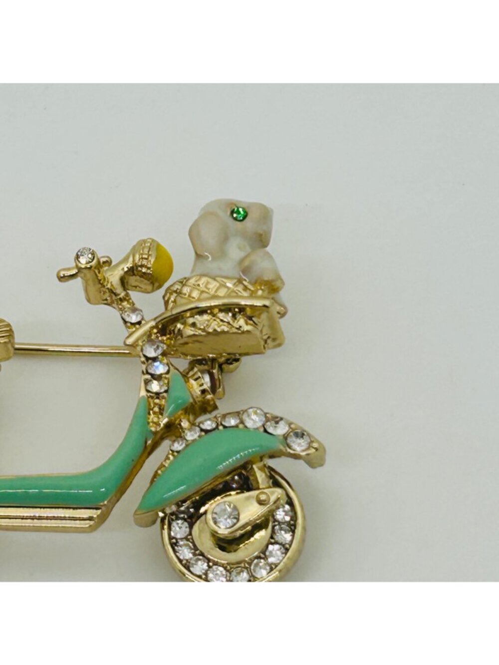 Anne Klein Green Enamel Scooter Brooch With Dog & Flower Rhinestone Accents - Picture 3 of 11